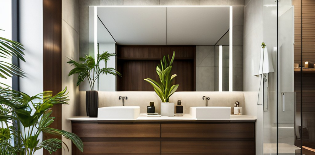 Luxury bathroom design with mirror cabinets and plants-BeautifulHomes