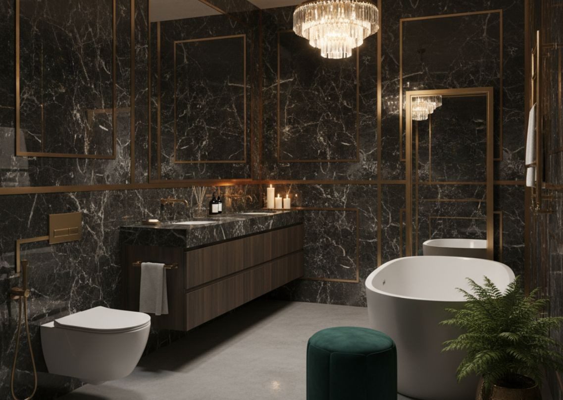 Black marble bathroom with gold fixtures and tub - Beautiful Homes