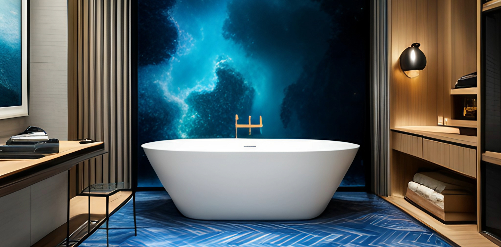 Luxury bathroom with blue 3d tiles-Beautiful Homes