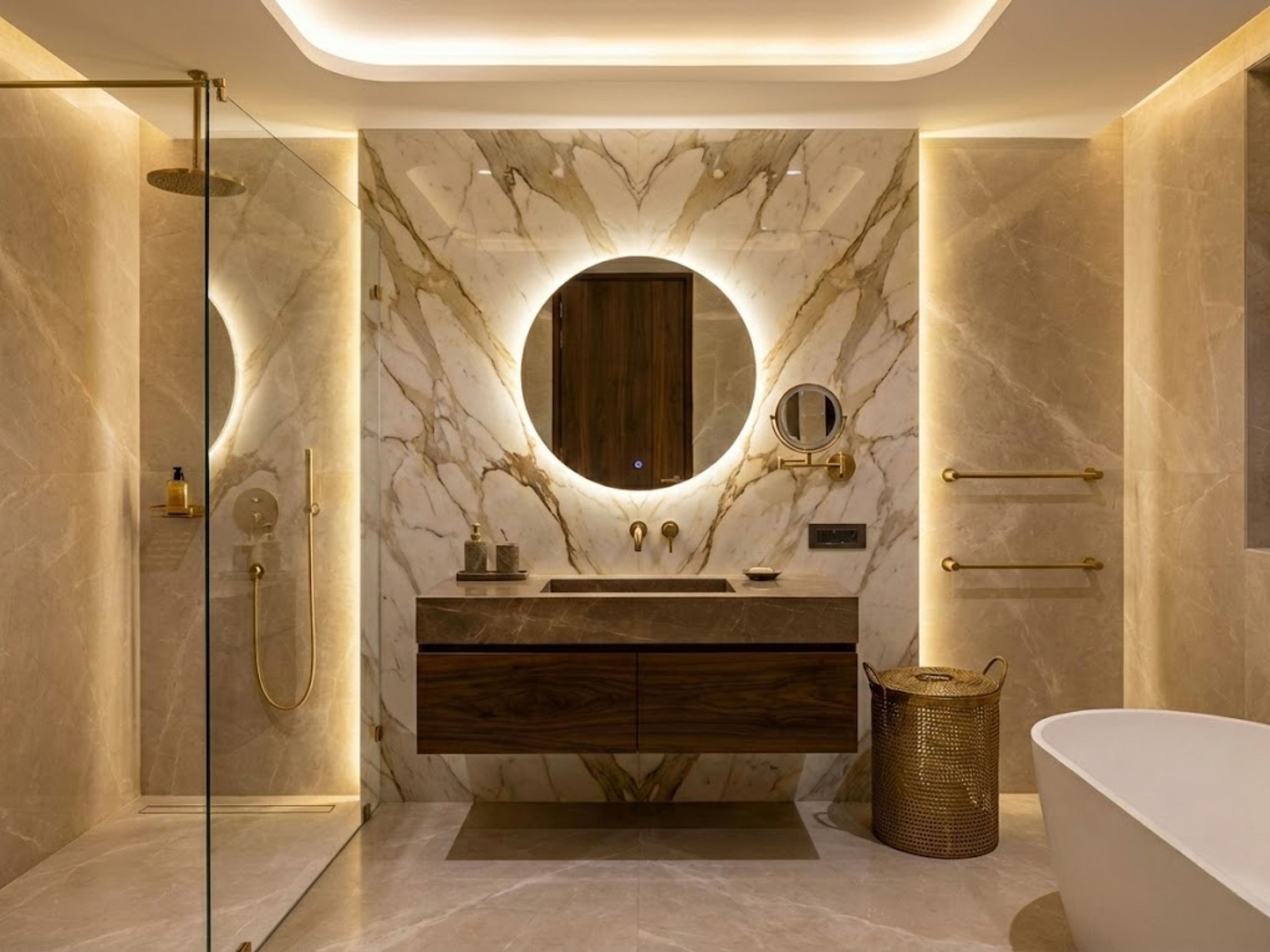 Modern bathroom with marble walls and gold accents - Beautiful Homes