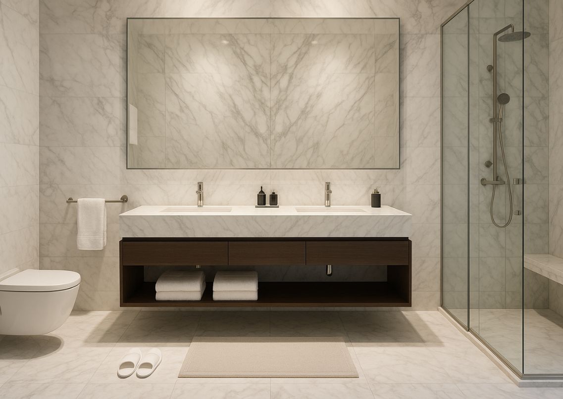 Luxurious bathroom with marble design and modern features - Beautiful Homes