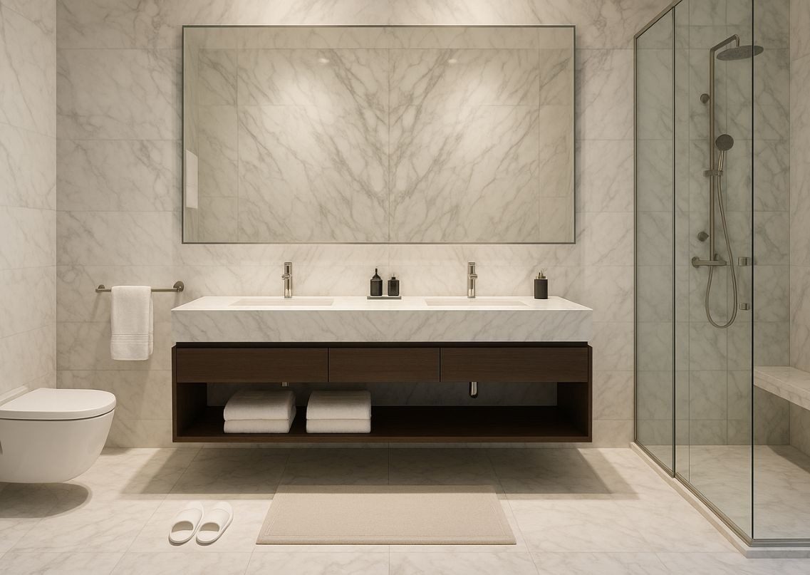 Luxurious bathroom with marble design and modern features - Beautiful Homes