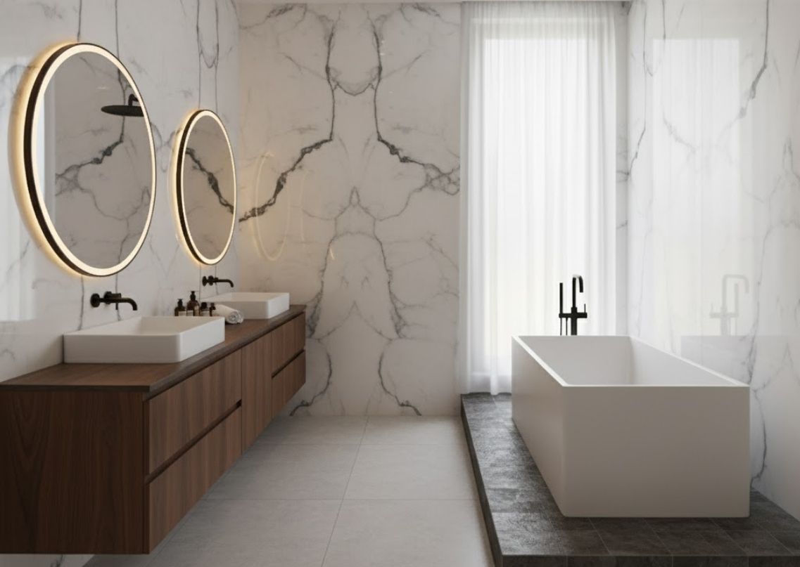 Elegant bathroom with freestanding tub and marble walls - Beautiful Homes