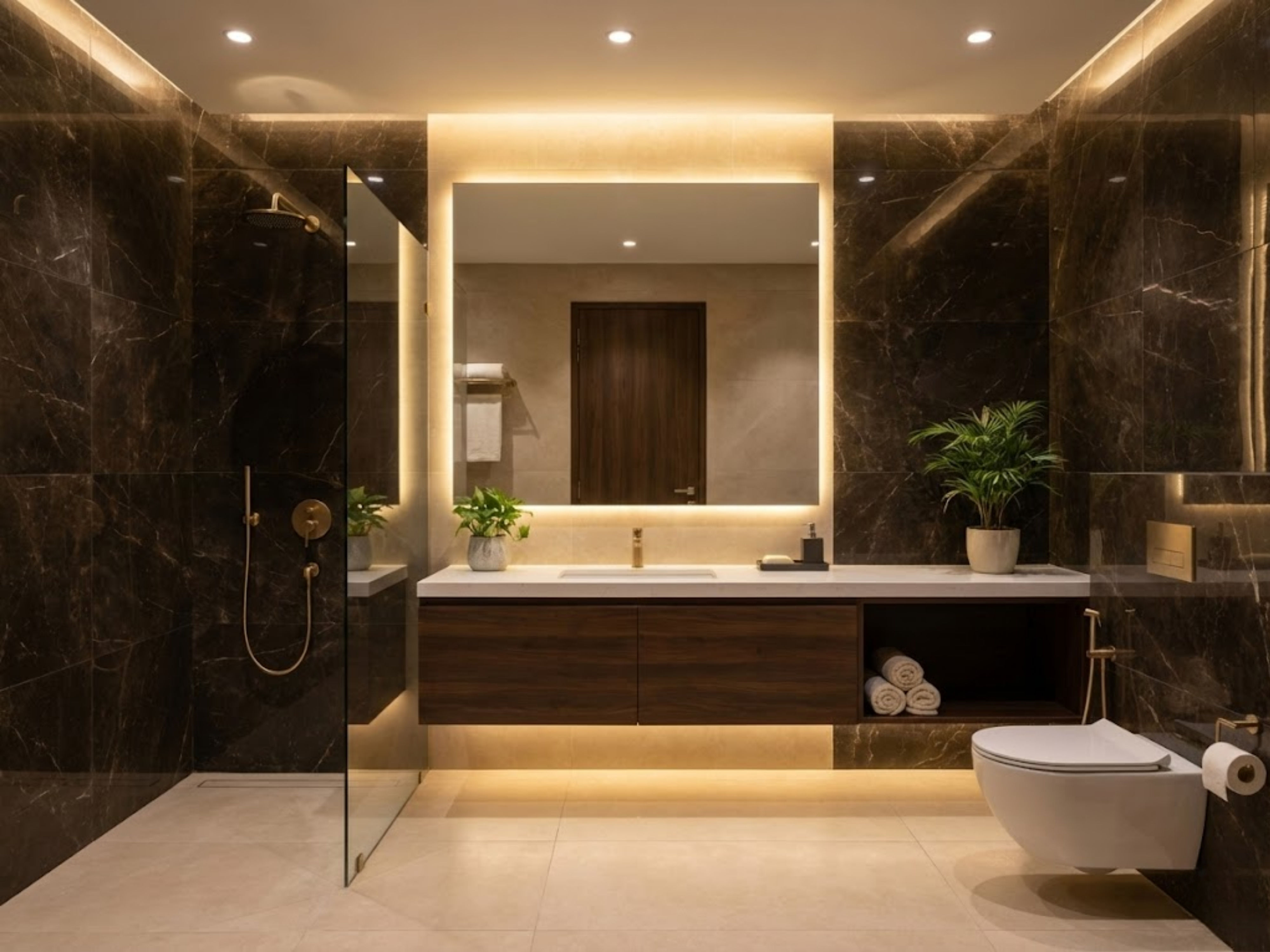 Modern bathroom with marble tiles and wooden vanity - Beautiful Homes