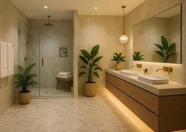 Stylish bathroom with vanity, plants, and lighting - Beautiful Homes