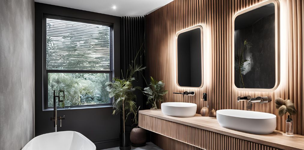 Luxury bathroom with fluted wooden vanity unit - Beautiful Homes