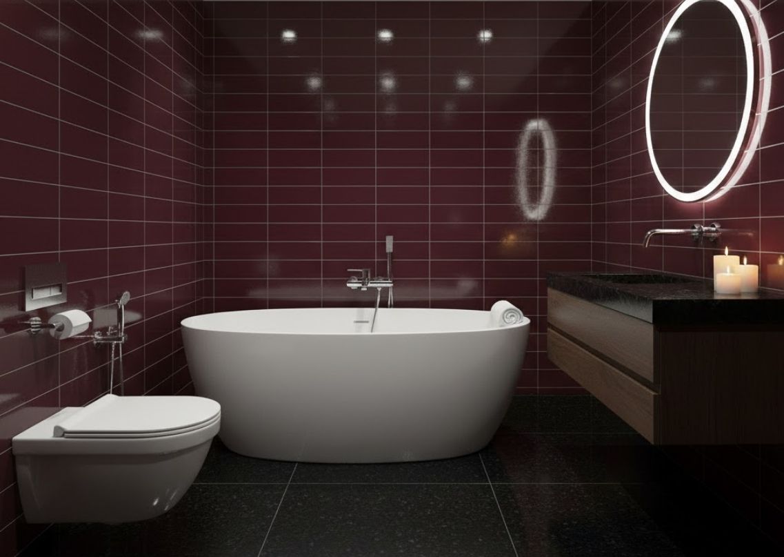 Bathroom with maroon tiles and modern fixtures - Beautiful Homes