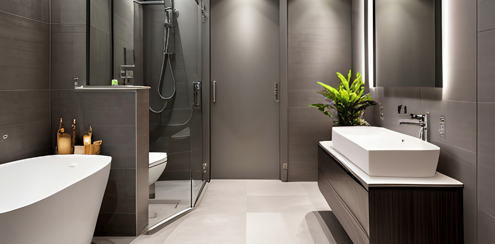 Luxury bathroom with grey bathroom tiles-Beautiful Homes