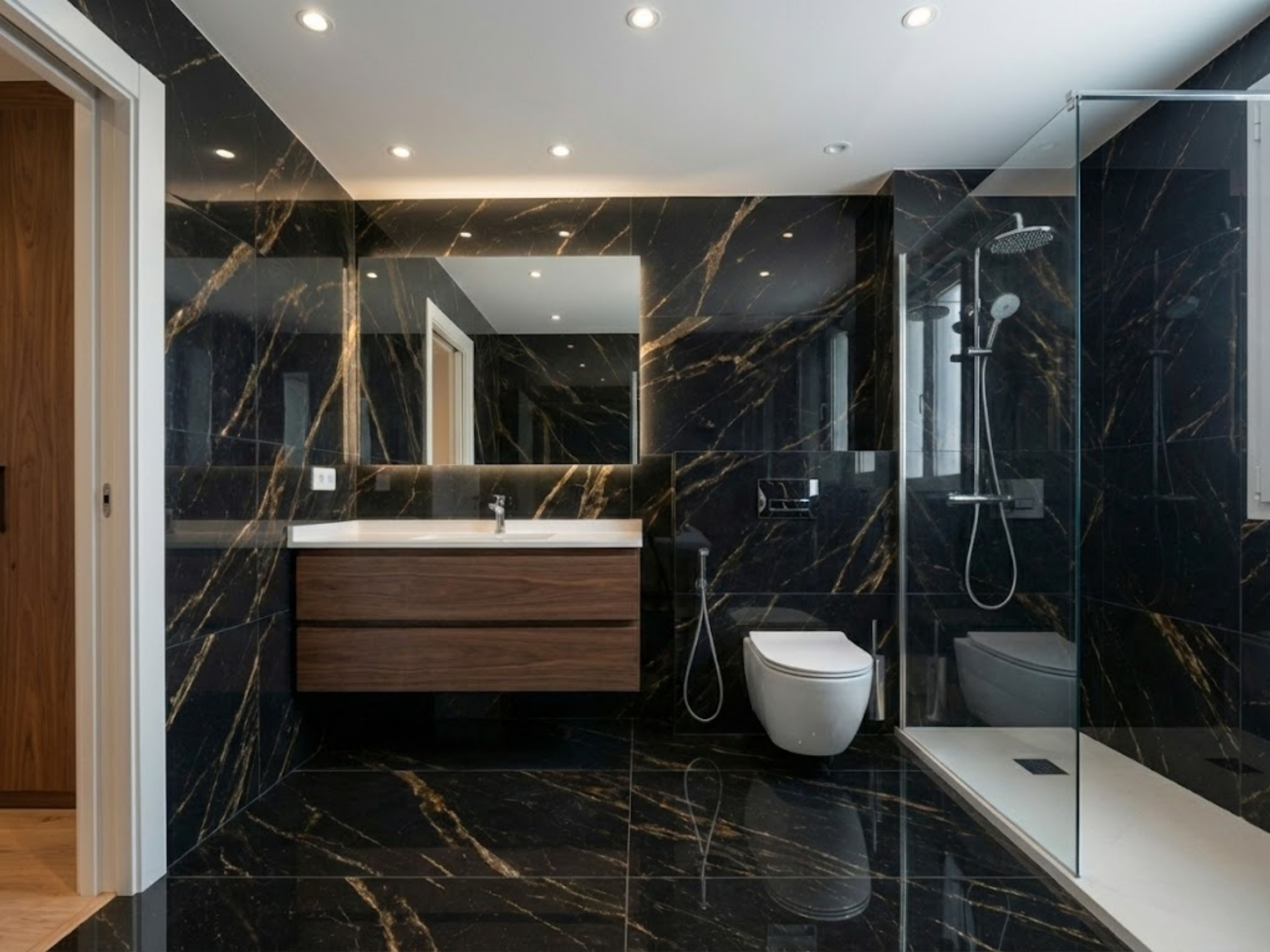 Black marble bathroom with glass shower and vanity - Beautiful Homes