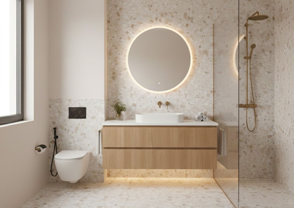 Bathroom with floating vanity and round LED mirror - Beautiful Homes