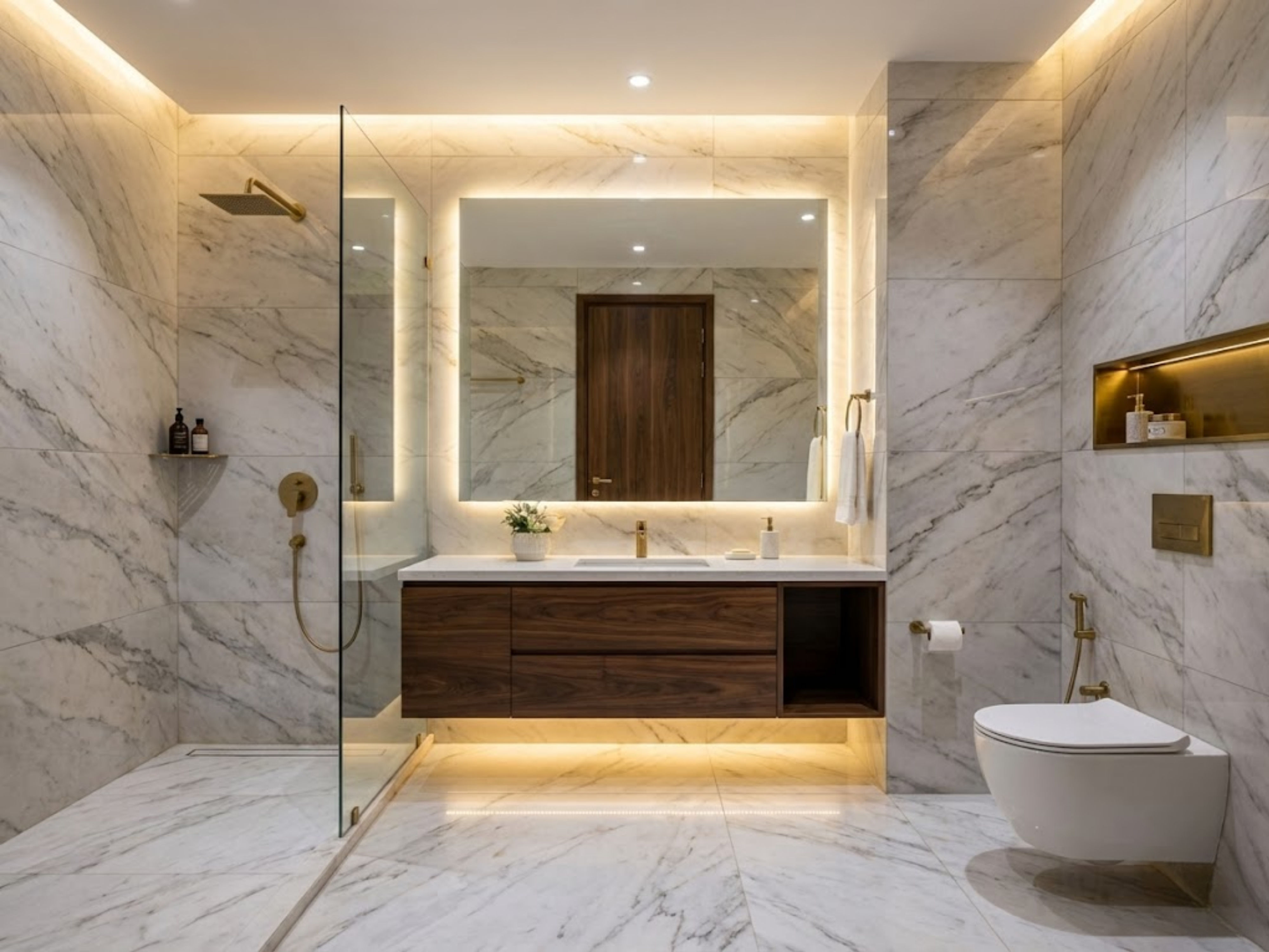 Modern bathroom with marble tiles and gold accents - Beautiful Homes