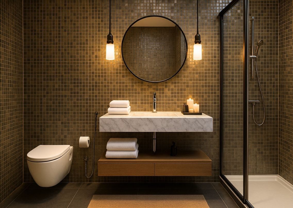 Modern bathroom with vanity, mirror, and shower - Beautiful Homes