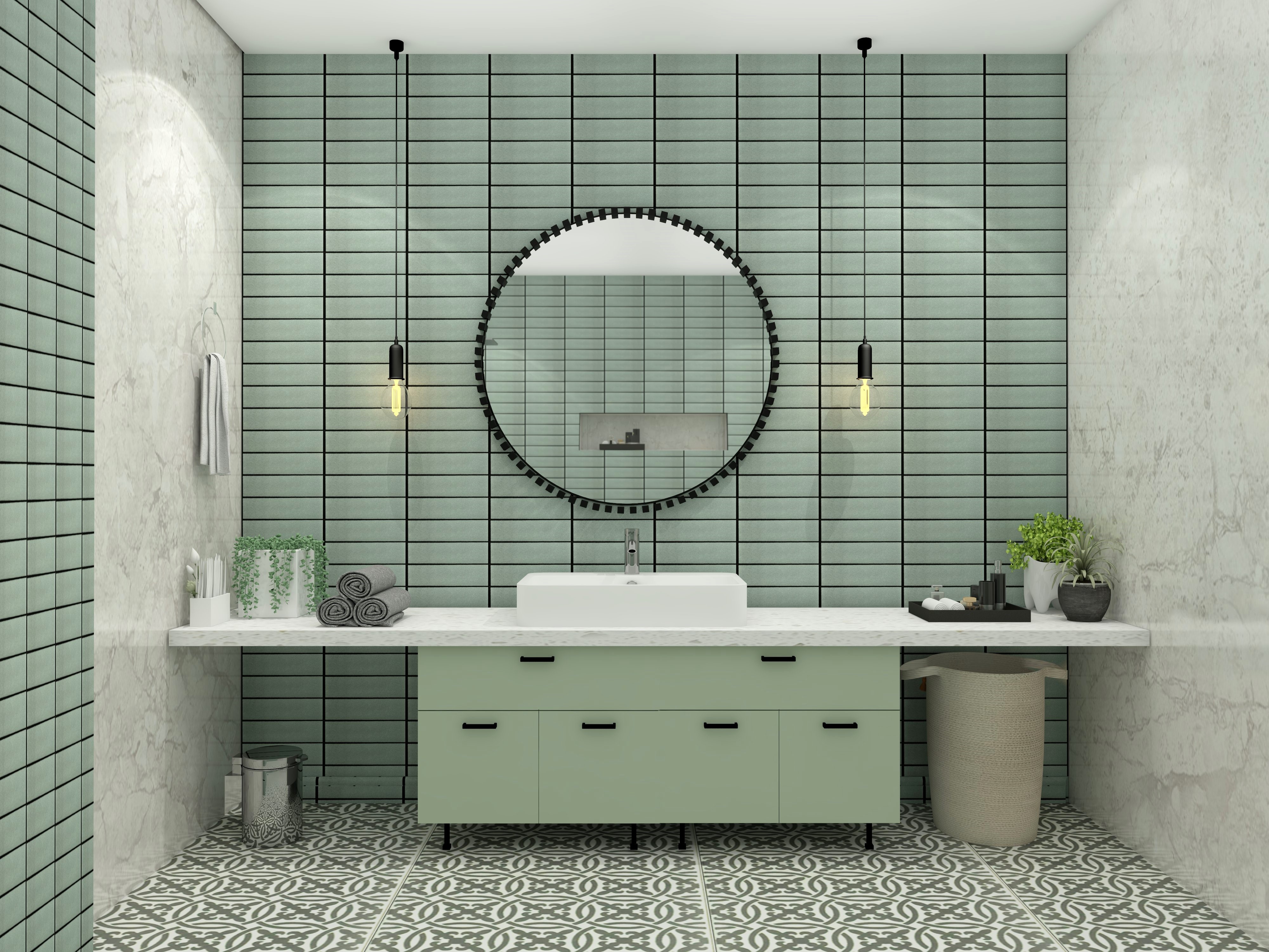 Luxury bathroom with mint green subway tiles and circular mirror - Beautiful Homes