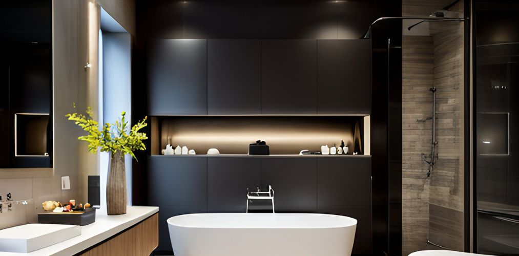 Luxury bathroom with black modern tiles and accessories-Beautiful Homes