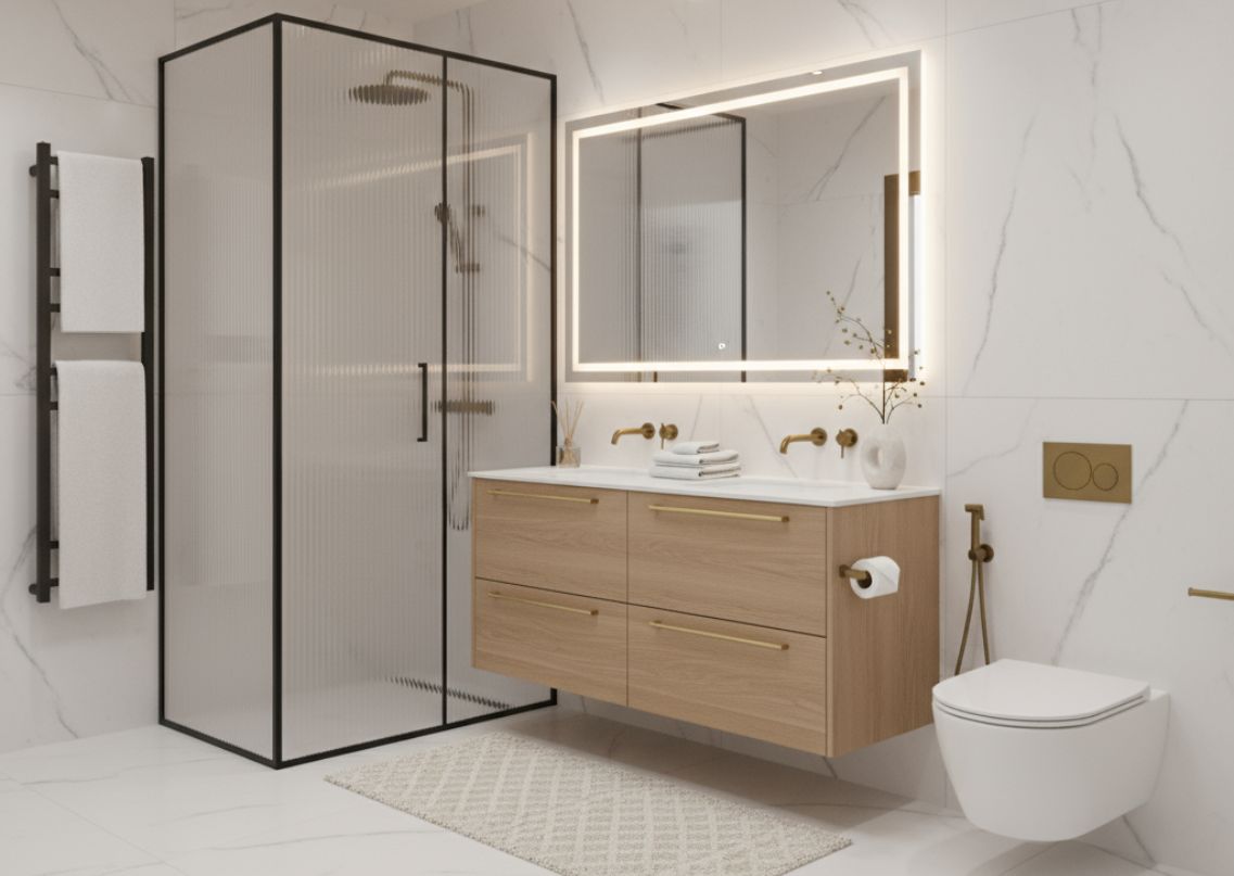 Modern bathroom with floating vanity and gold accents - Beautiful Homes