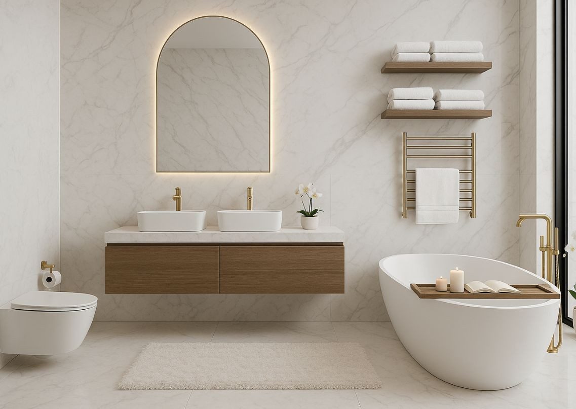Spacious bathroom with tub, dual basins, and marble tiles - Beautiful Homes