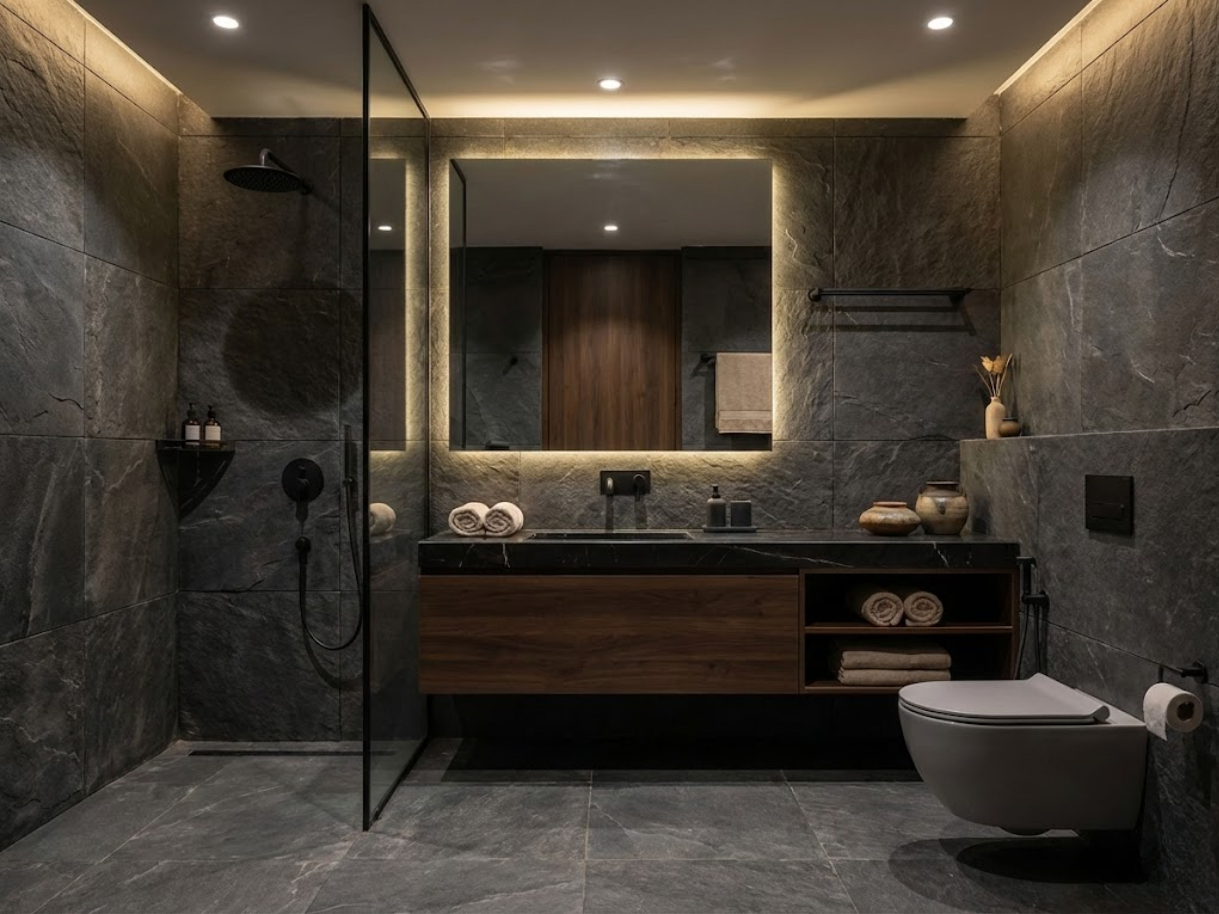 Bathroom with stone walls and backlit mirror - Beautiful Homes