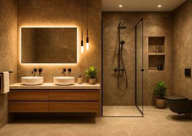 Luxurious bathroom with vanity and enclosed shower - Beautiful Homes
