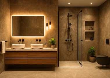 Luxurious bathroom with vanity and enclosed shower - Beautiful Homes