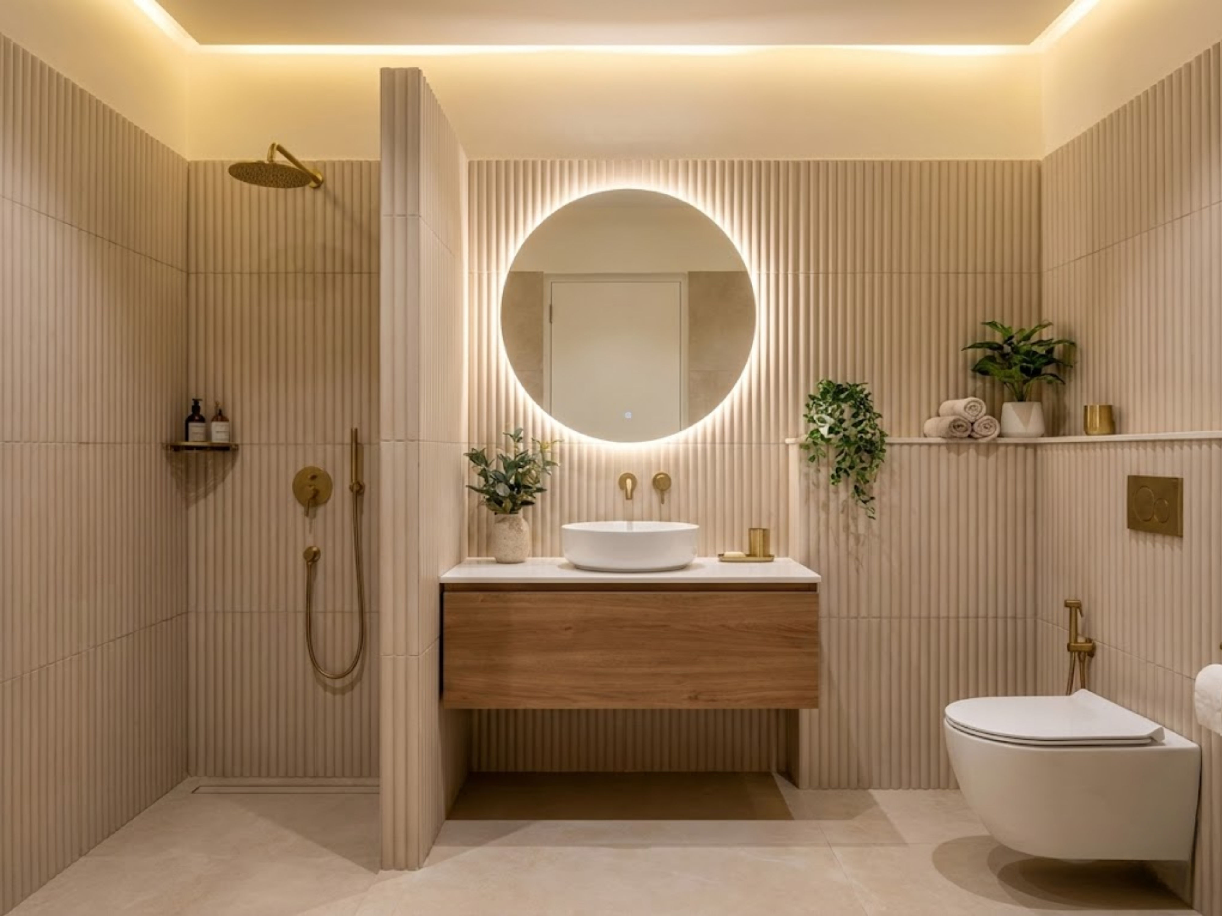 Minimalist bathroom with beige tiles and gold accents - Beautiful Homes