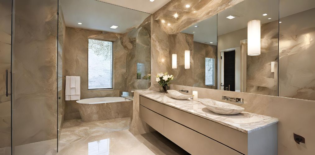 Luxury beige bathroom with marble vanity countertop - Beautiful Homes