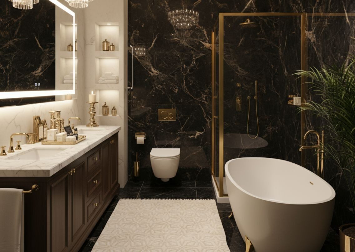 Elegant bathroom with black marble and gold accents - Beautiful Homes