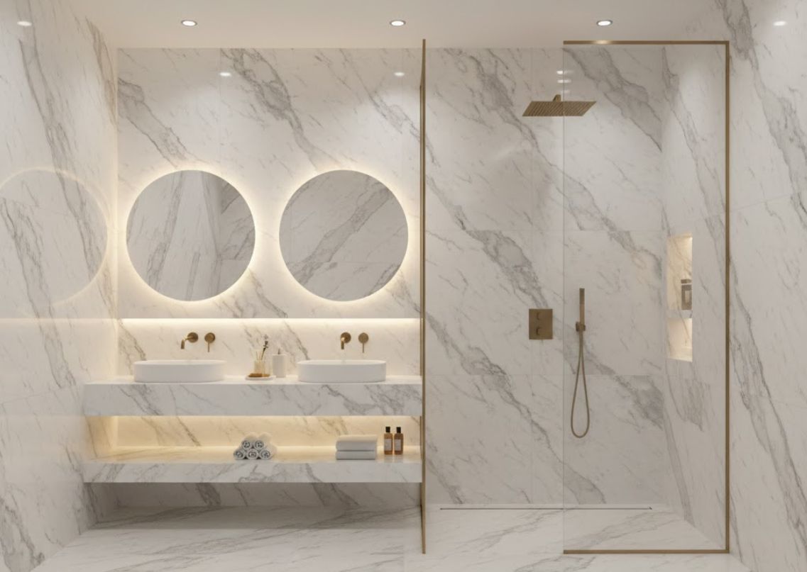 Bathroom with marble walls, lighted mirrors, and gold accents - Beautiful Homes