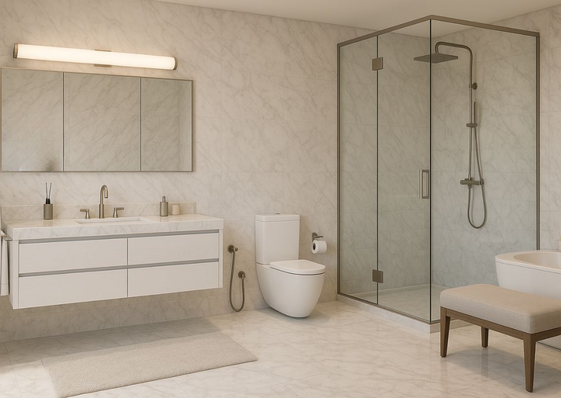 Modern bathroom with marble tiles and glass shower - Beautiful Homes