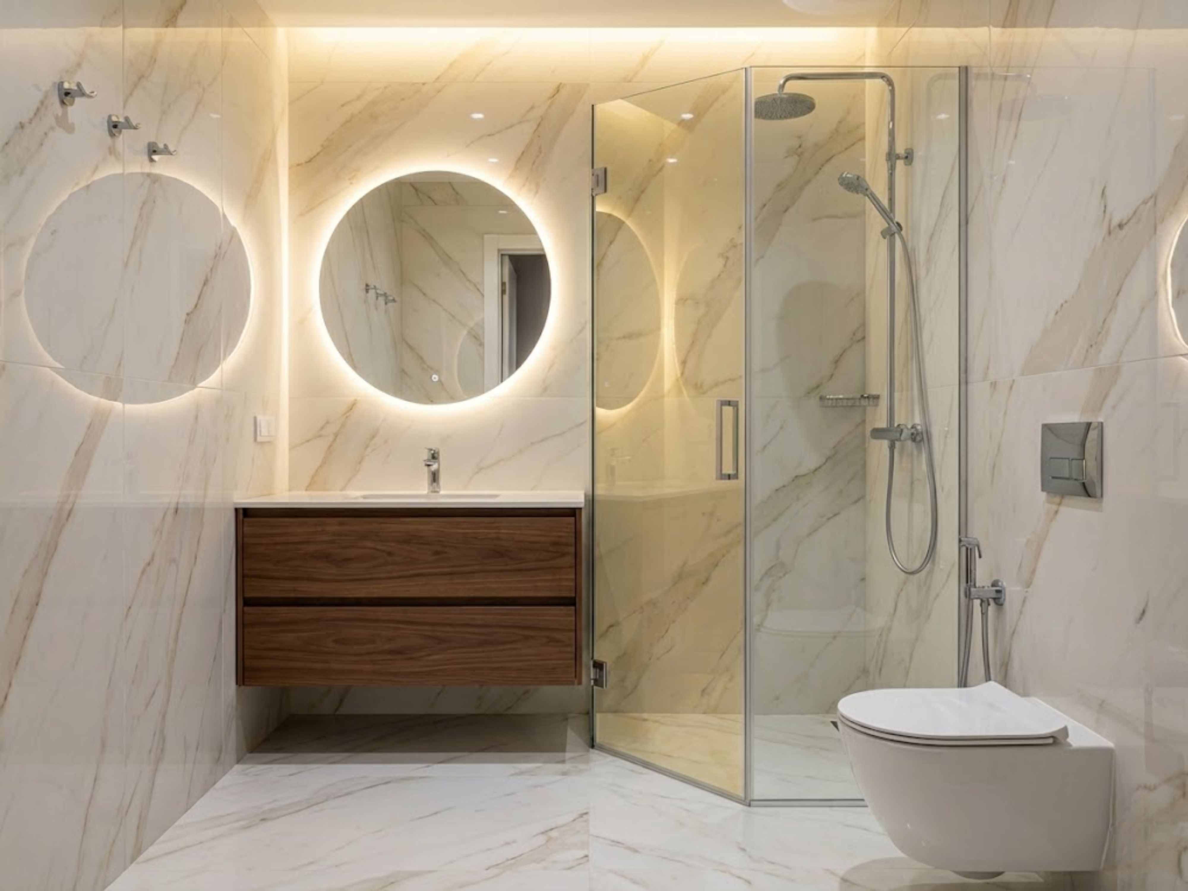 Bathroom with floating vanity and glass shower - Beautiful Homes