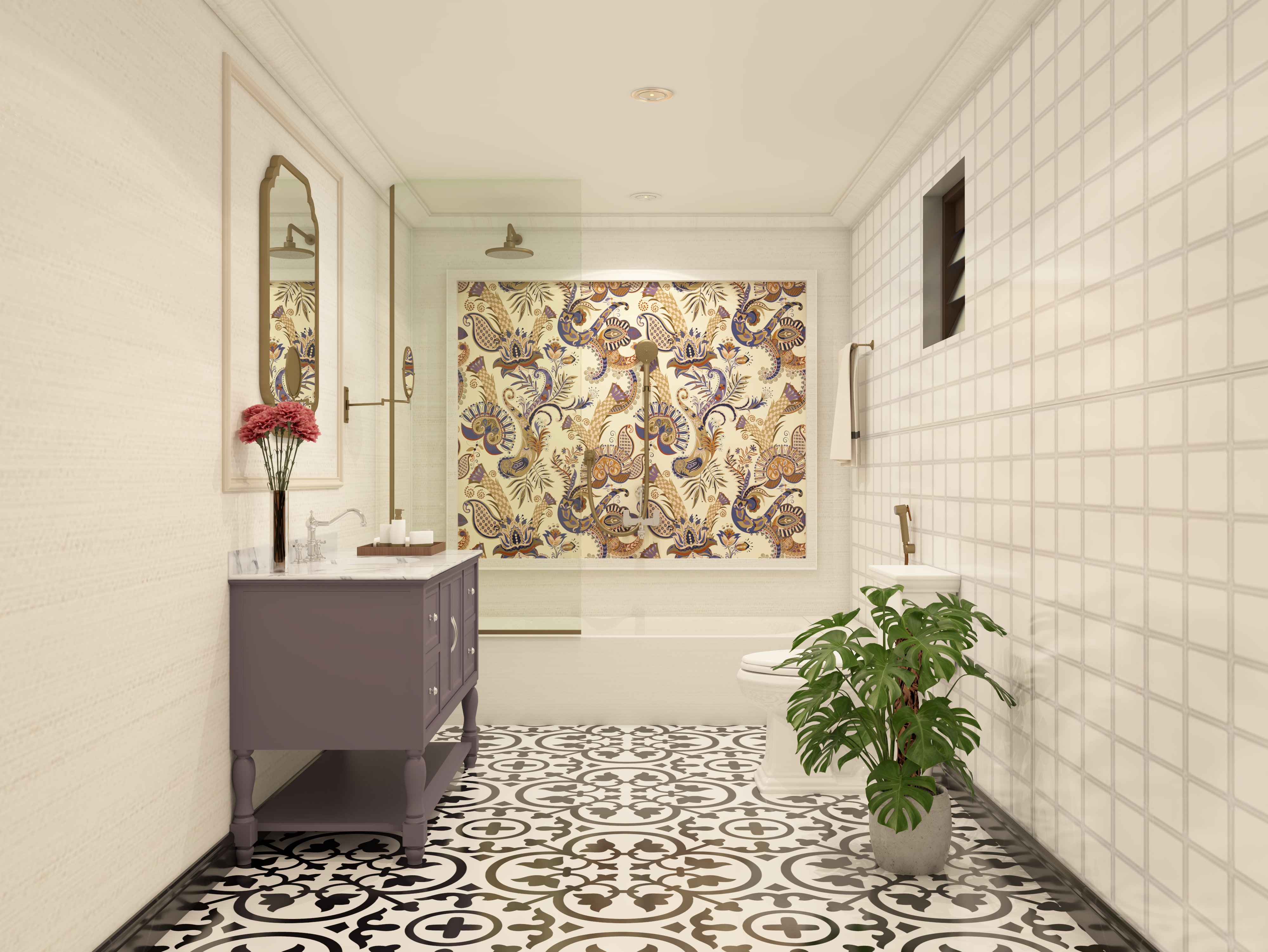 Luxury white bathroom with vintage style vanity and vibrant shower wall - Beautiful Homes