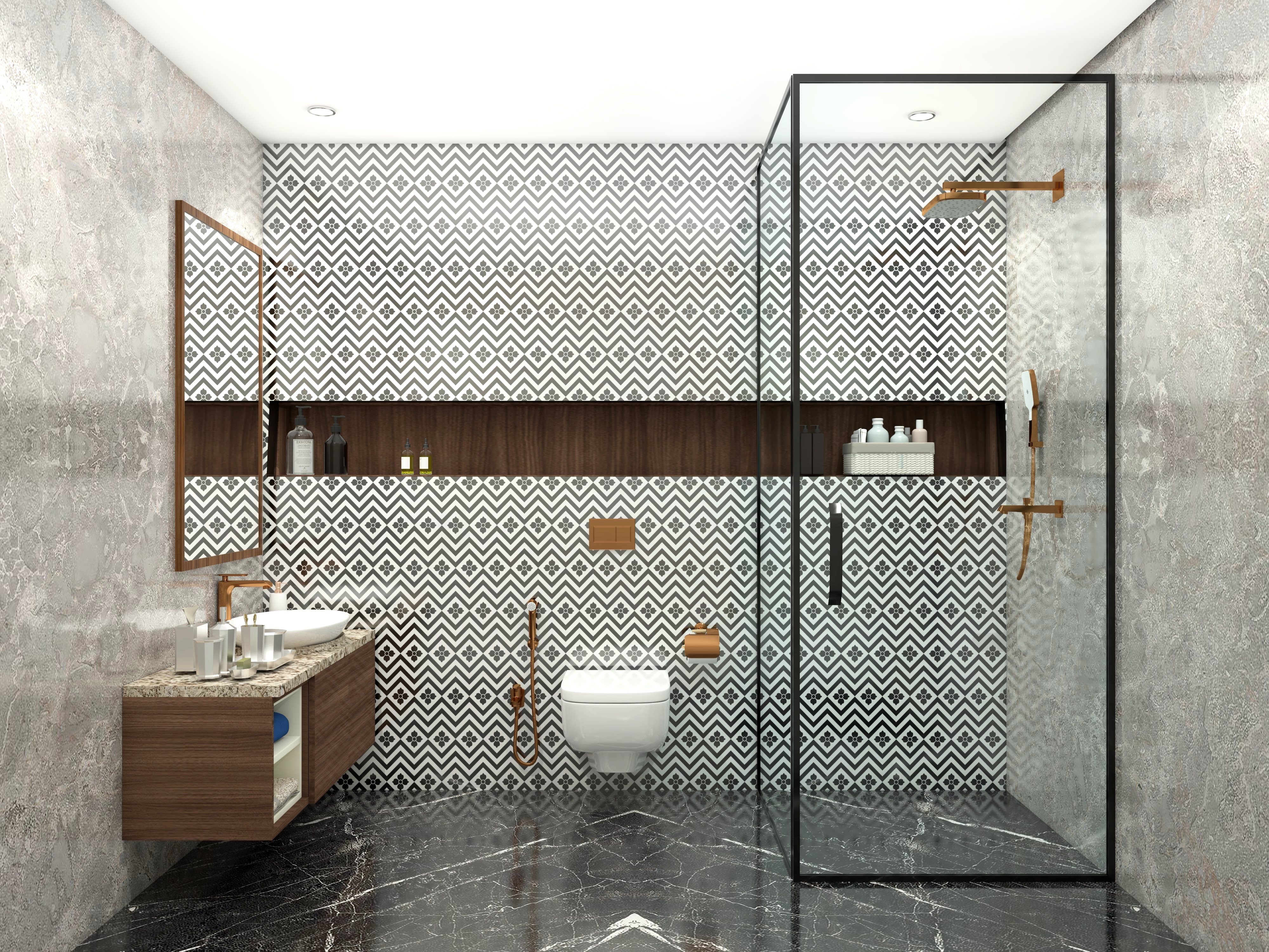 Marble bathroom with printed black and white tiles - Beautiful Homes
