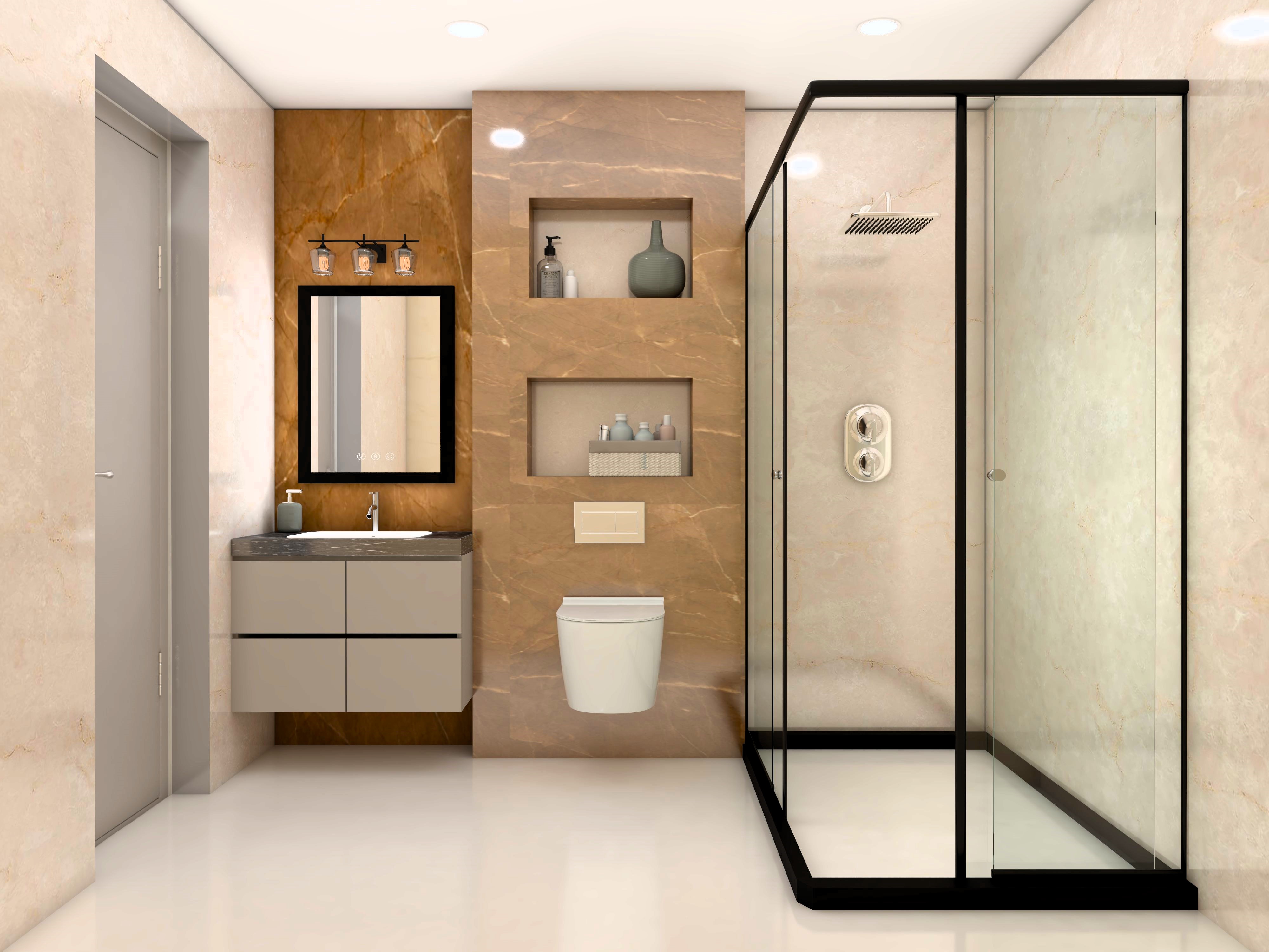 Marble bathroom with shower cubicle and wall niches-Beautiful Homes