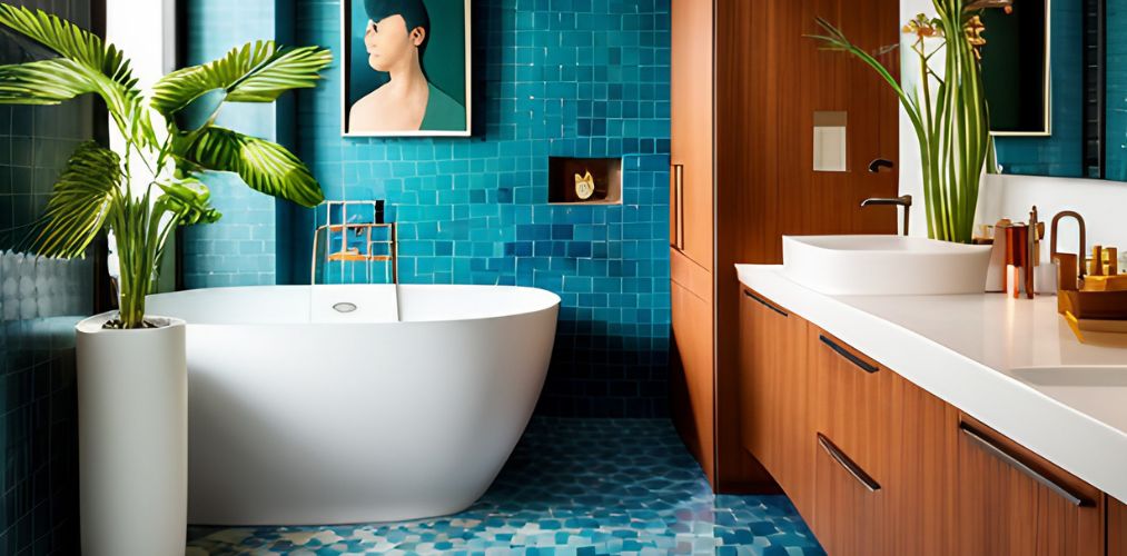 Master bath with colourful mosaic tiles-Beautiful Homes