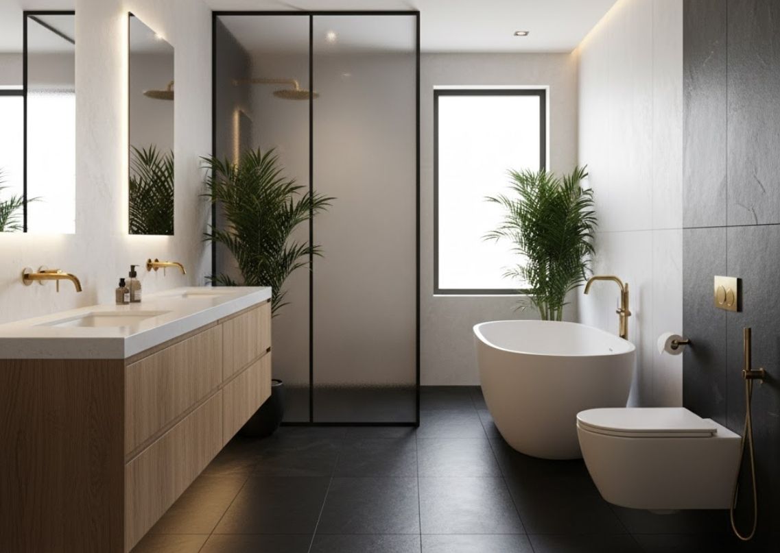 Modern bathroom with bathtub and wooden vanity - Beautiful Homes