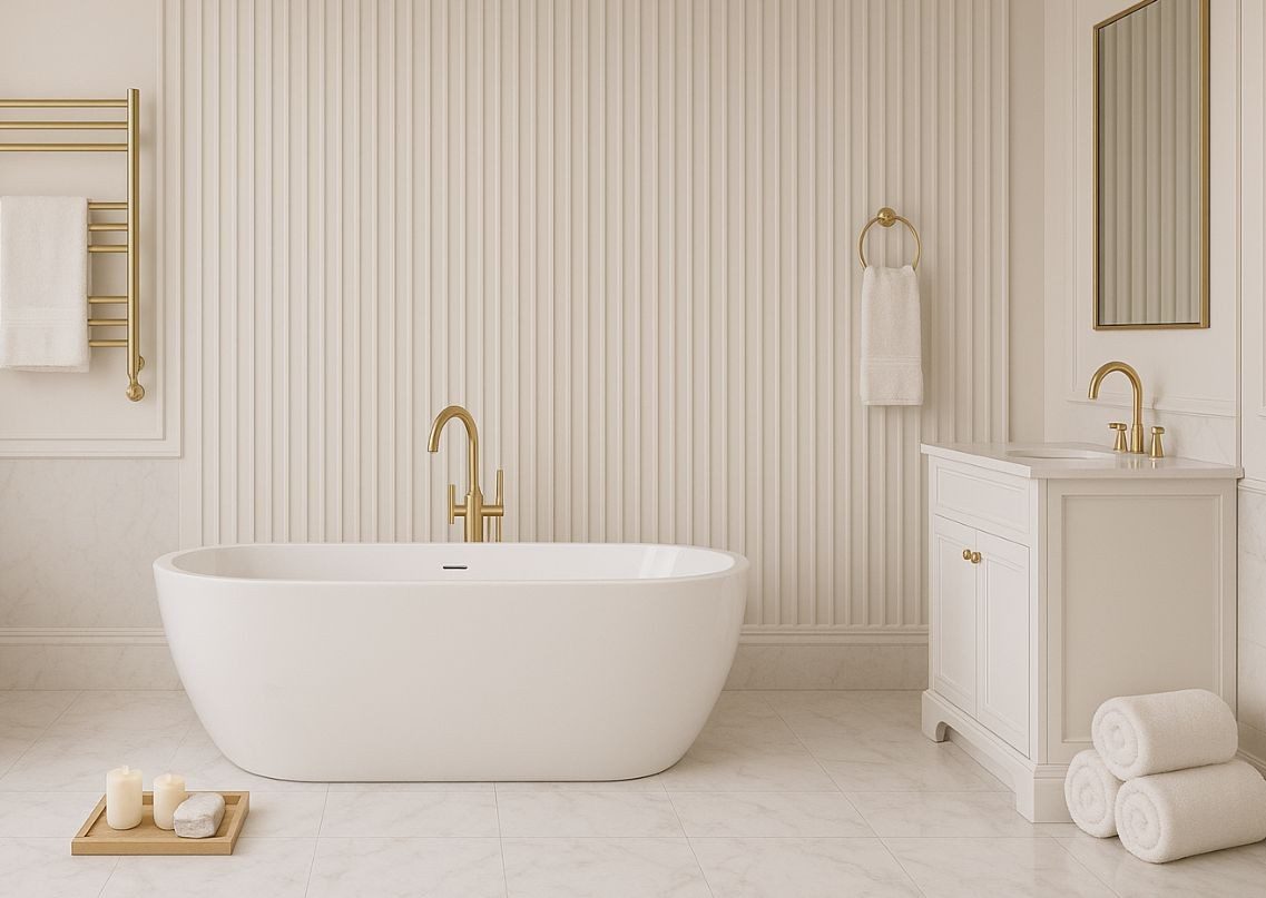 Bathroom with gold fixtures and freestanding tub - Beautiful Homes