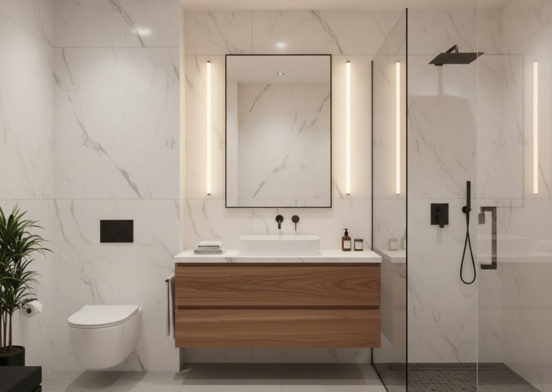 Bathroom with marble tiles and wooden vanity design - Beautiful Homes