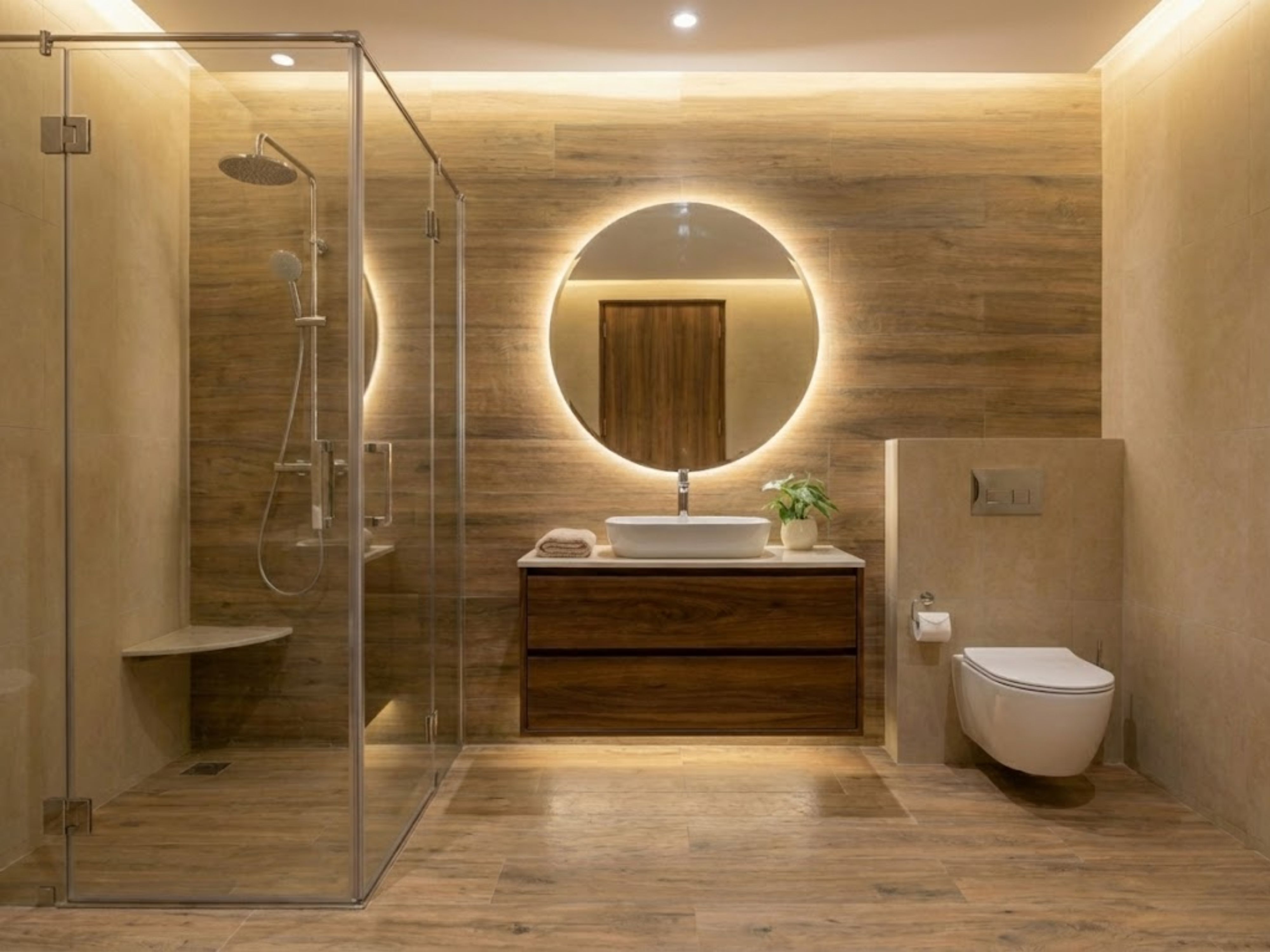 Modern bathroom with wooden vanity and glass shower - Beautiful Homes