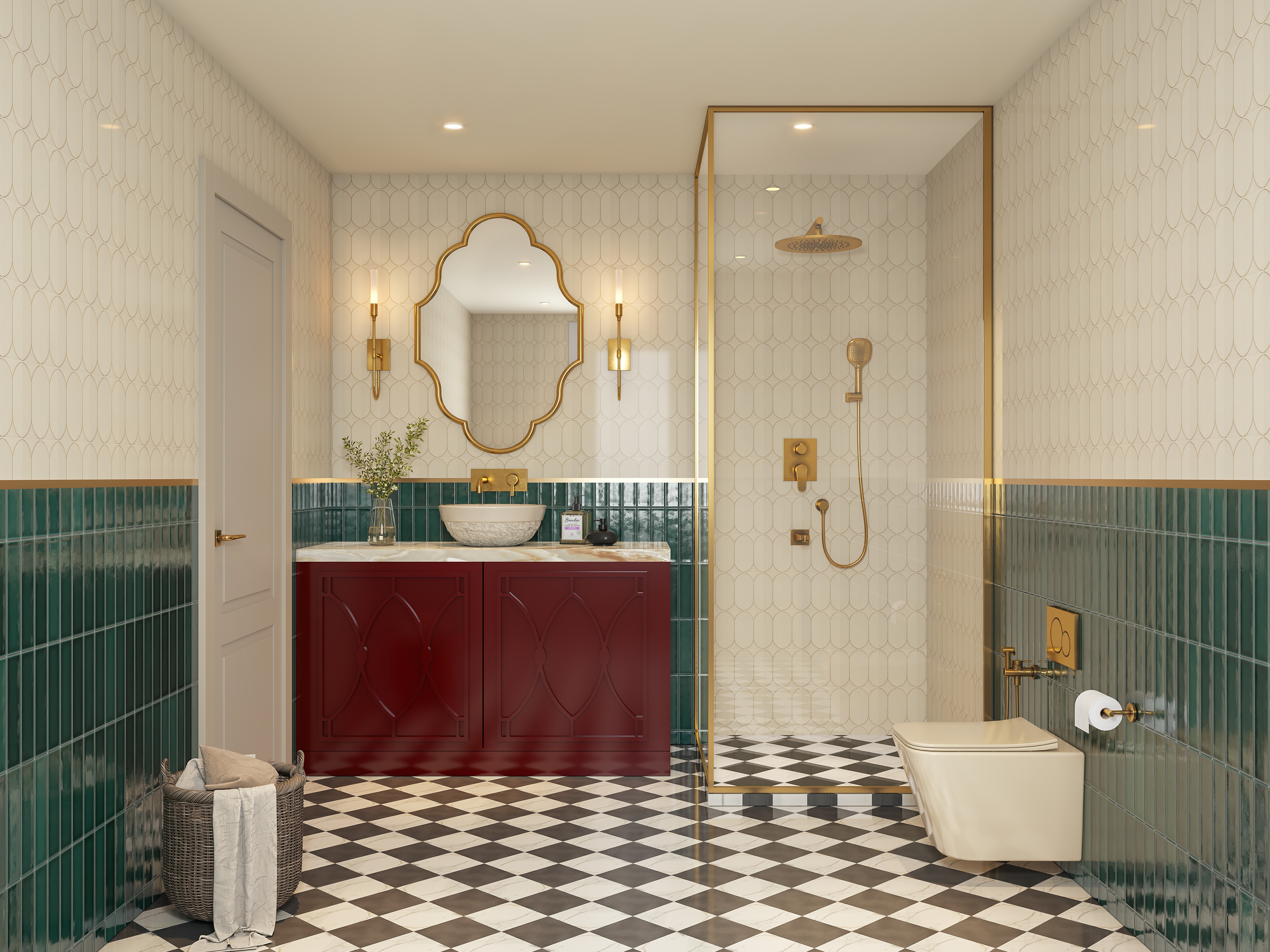 Modern bathroom with designer tiles and gold details - Beautiful Homes