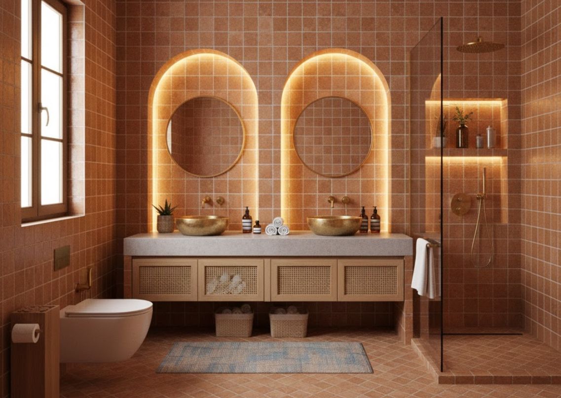 Bathroom with golden basins and terracotta tiles - Beautiful Homes