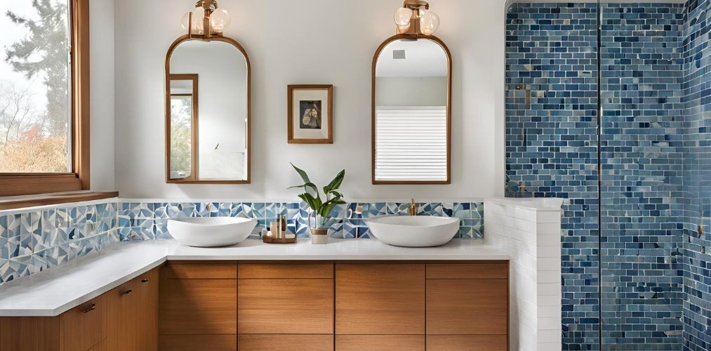 Mid-century modern bathroom in blue and white tiles - Beautiful Homes