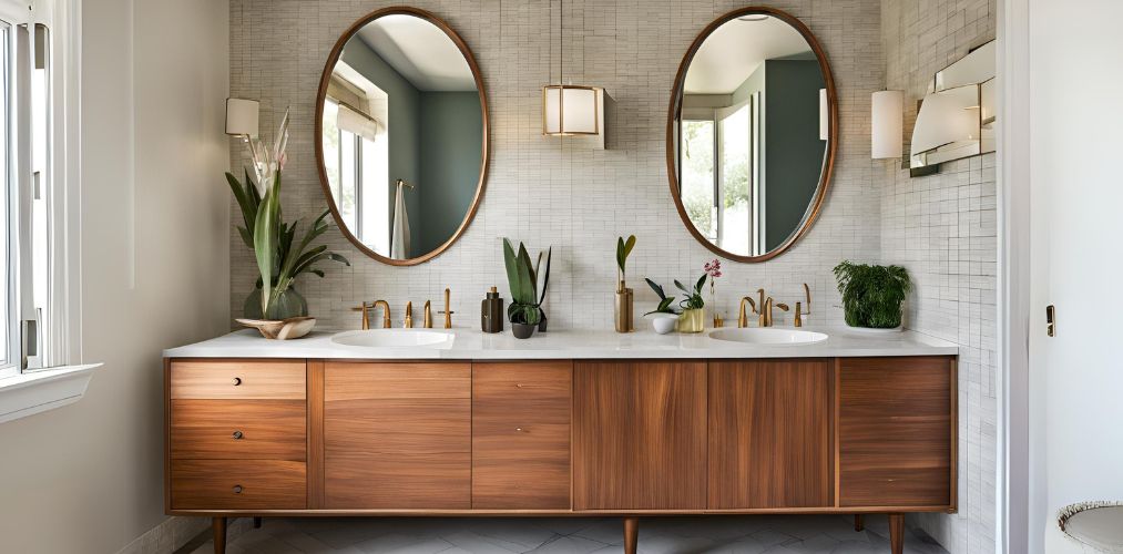 Mid-century modern bathroom with oval mirrors and wooden vanity - Beautiful Homes