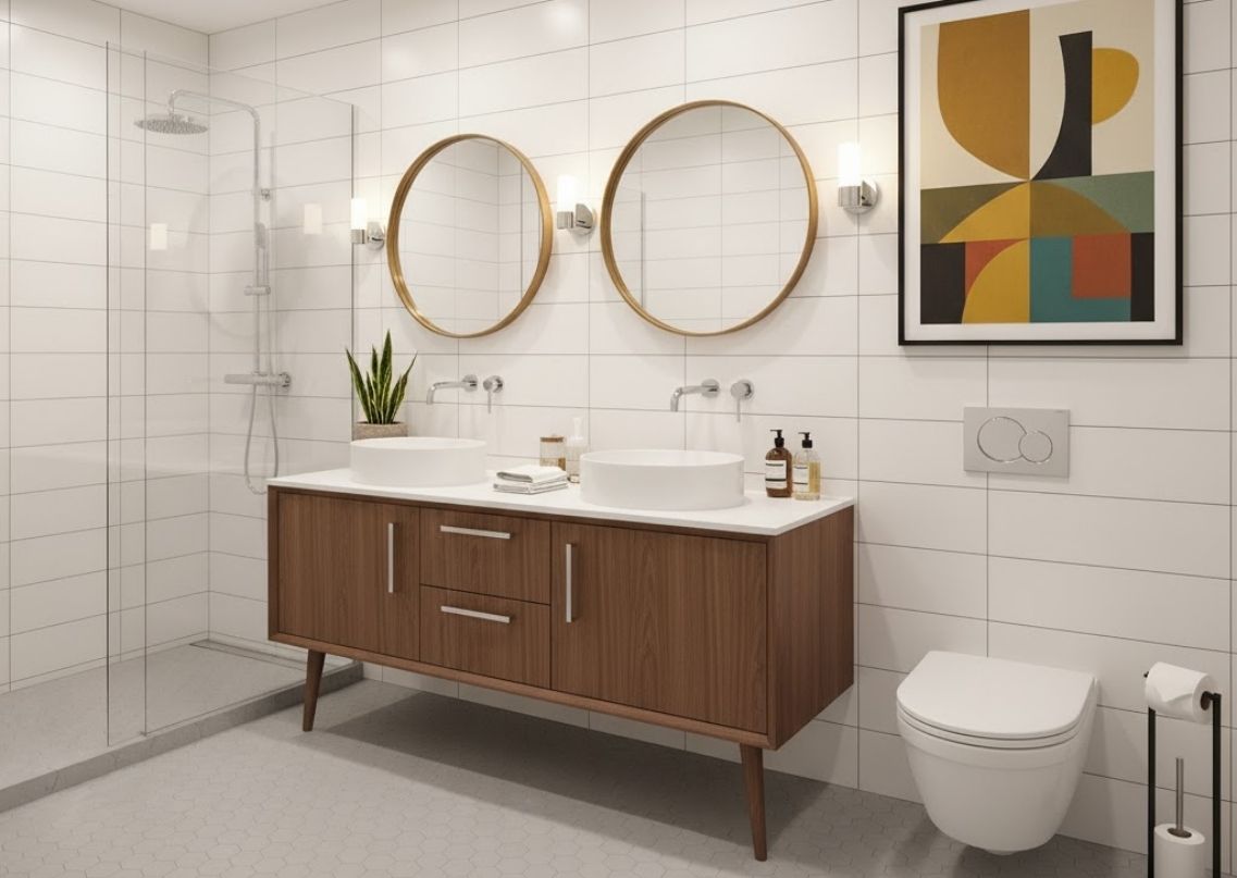 Bathroom with wooden vanity and round mirrors - Beautiful Homes