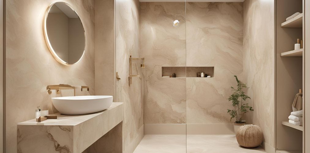 Minimal beige marble compact bathroom design - Beautiful Homes