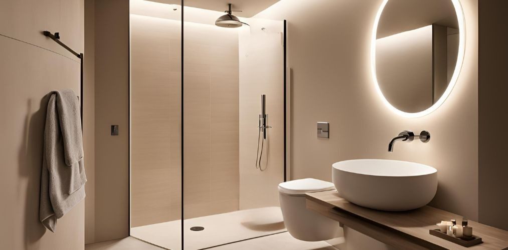 Minimal cream-toned bathroom with round backlit mirror - Beautiful Homes