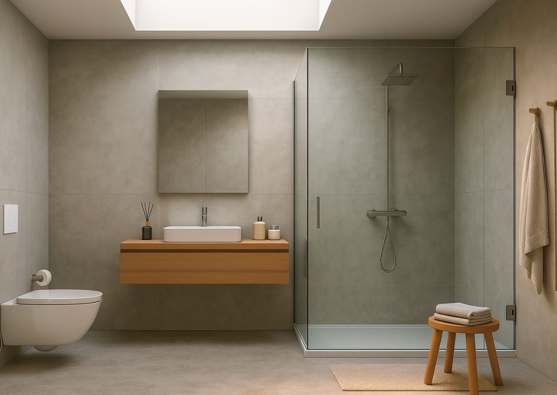 Sleek bathroom with wood and glass accents	Modern bathroom with glass shower and wooden vanity - Beautiful Homes