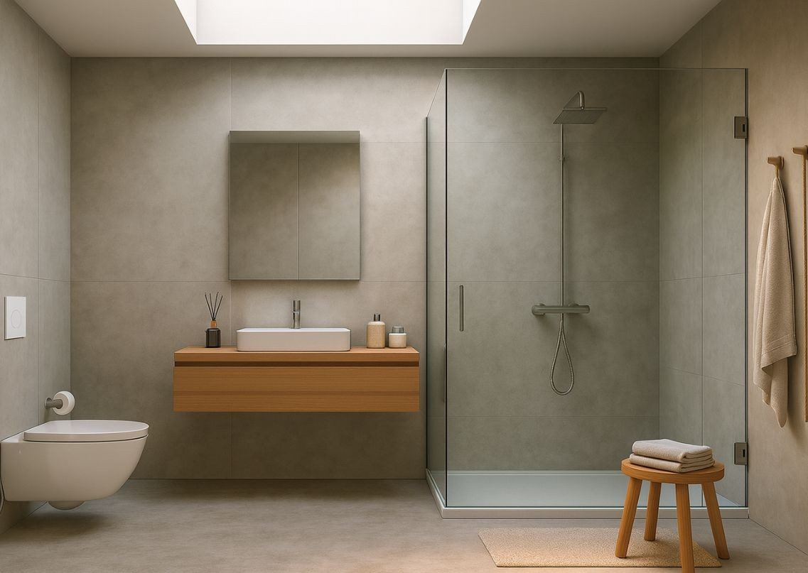 Sleek bathroom with wood and glass accents	Modern bathroom with glass shower and wooden vanity - Beautiful Homes