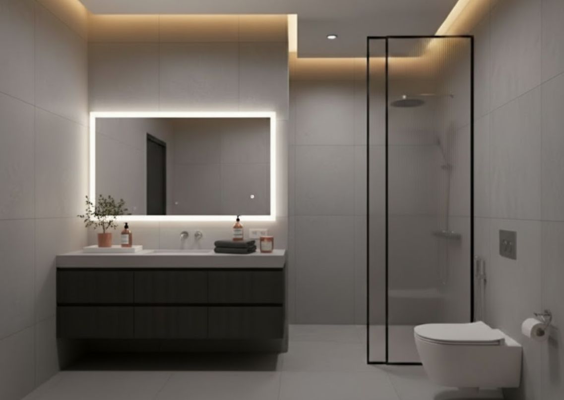 Modern bathroom with grey tiles and glass shower - Beautiful Homes