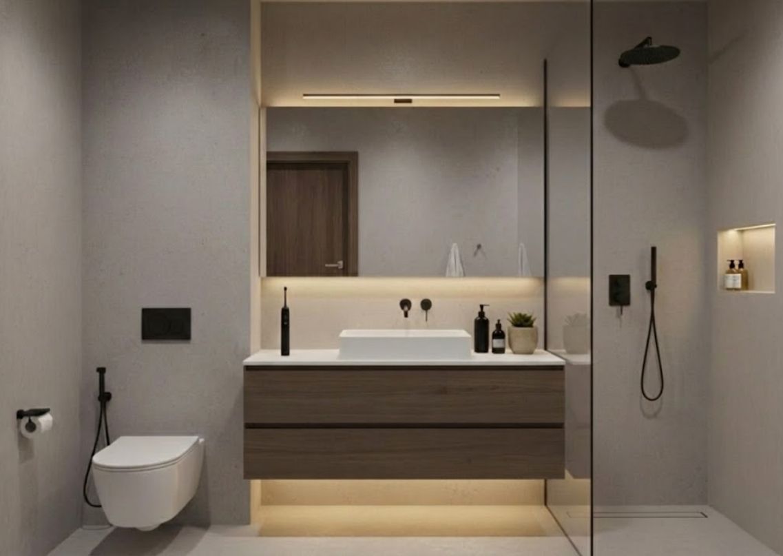 Modern bathroom with floating vanity and lighting - Beautiful Homes