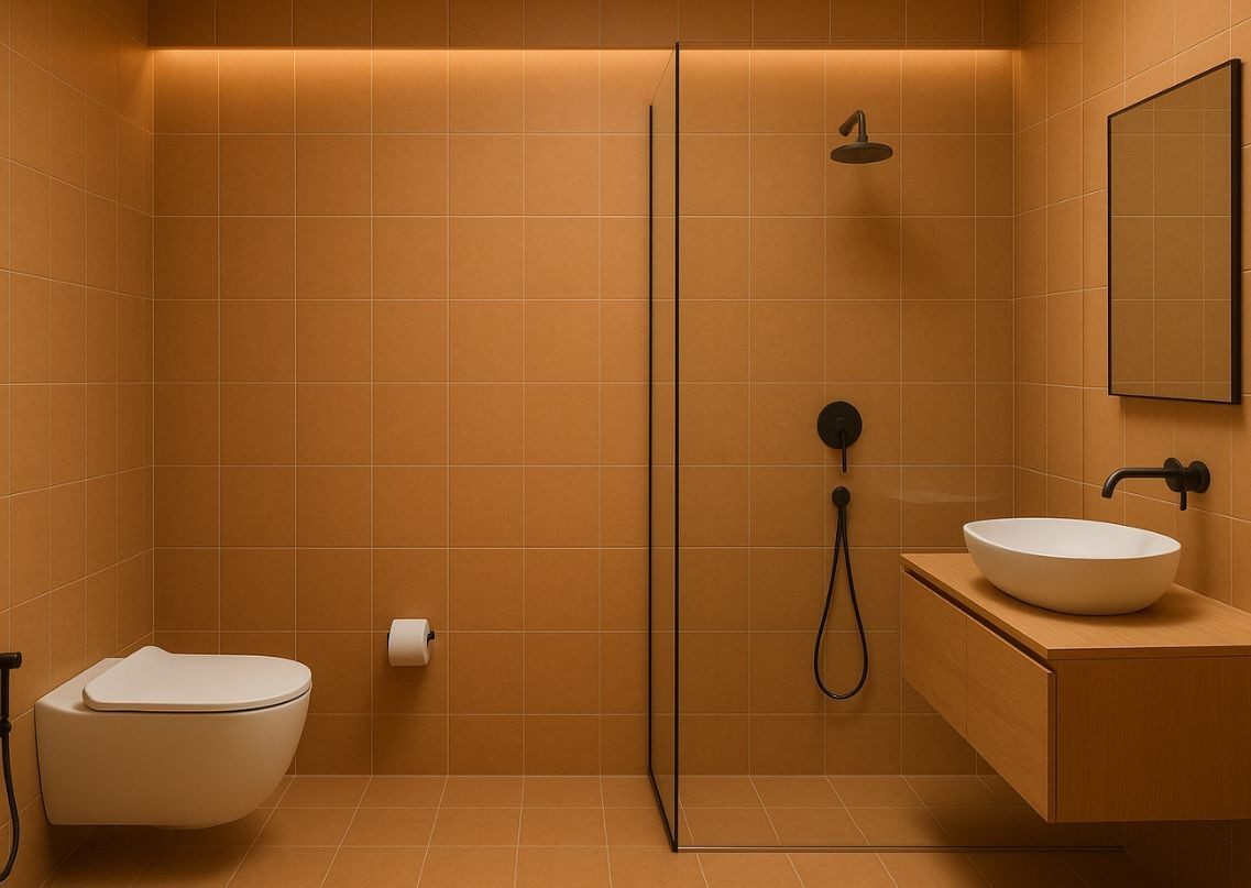 Warm terracotta bathroom with minimalist design - Beautiful Homes