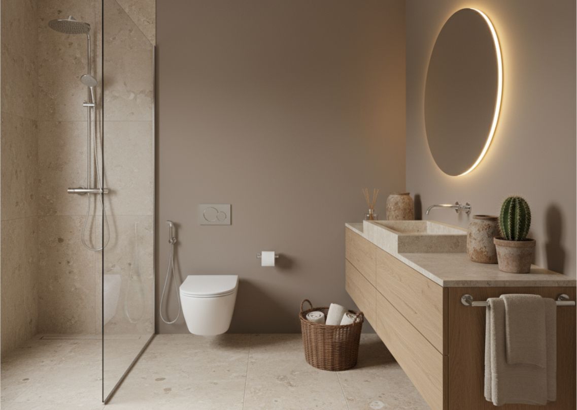 Modern bathroom with vanity and walk-in shower - Beautiful Homes